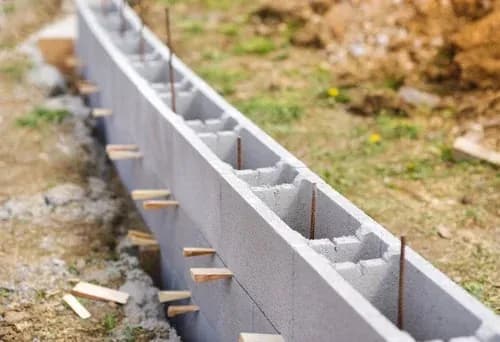 Concrete cinder block wall under construction with vertical rebar set through the cores