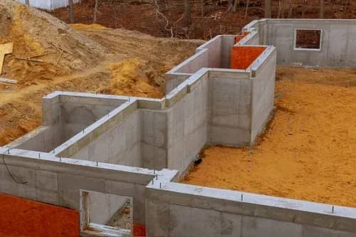 Poured and formed concrete foundation walls and footings on a cleared New Jersey building lot